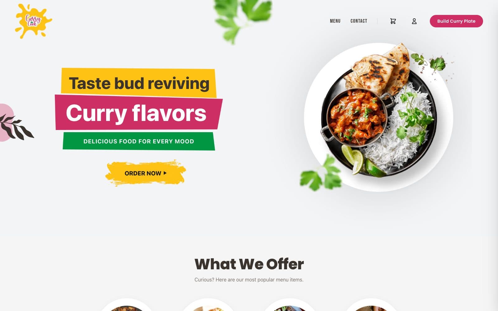 The Curry Cook home page: the headline “Taste bud reviving Curry flavors” on bright yellow, pink and green banners beside a plate of curry, rice and naan, with an Order now button.