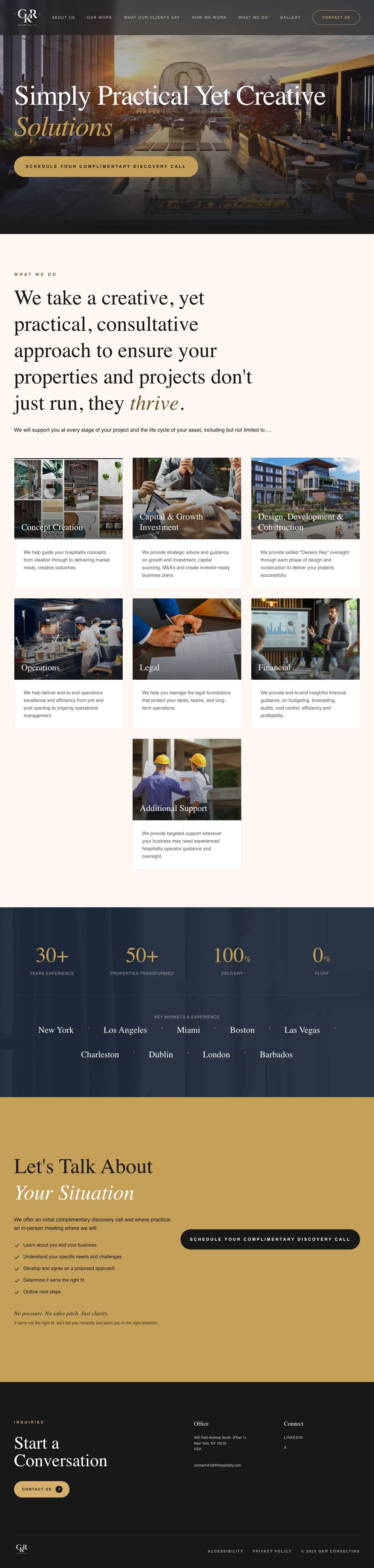 The full GKR Hospitality home page, from the rooftop hero through the seven areas of support, key markets and the invitation to a discovery call, down to the contact footer.